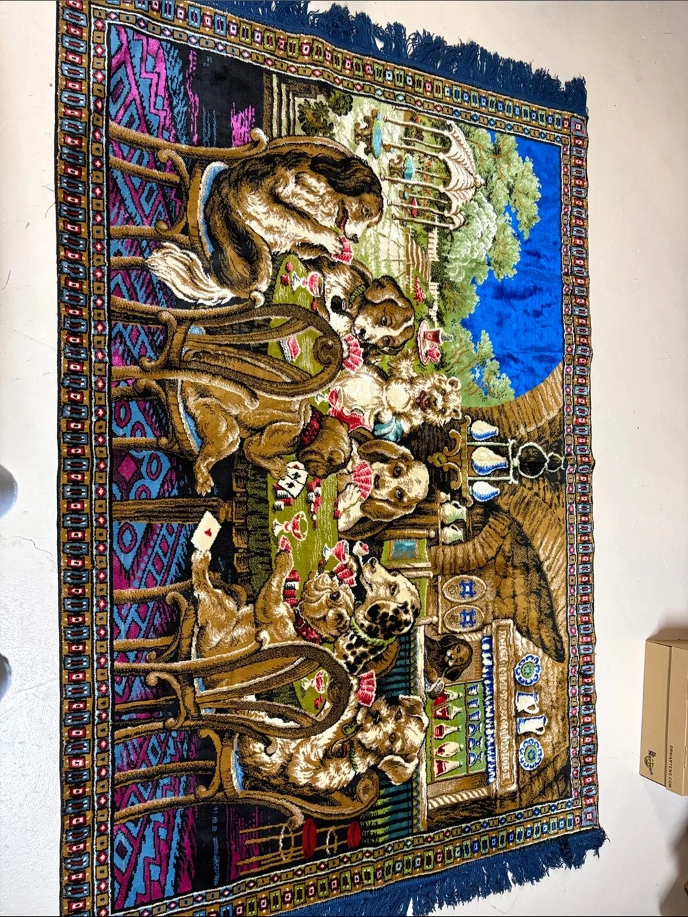 Decorative Dogs Playing Cards Wall Tapestry - Blue & Brown vintage